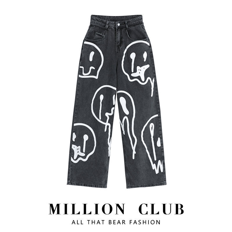 

Graffiti printed jeans men and women spring autumn couple models lazy loose wide leg pants ins net red trend 210629, Dark gray