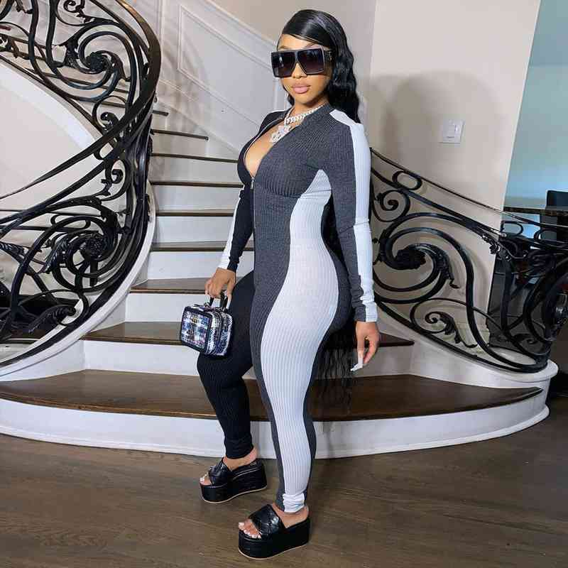 

autumn moto biker knitted womens jumpsuit patchwork zipper up skinny long sleeve club party bodycon overalls, Black;white