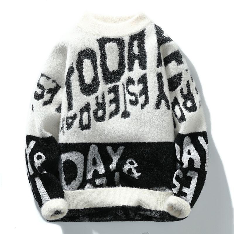 

Men's Sweaters Onnestun Sweater Men Clothing Winter Plus Size Patchwork Elasticity Letter Design Warm Pullover, White;black