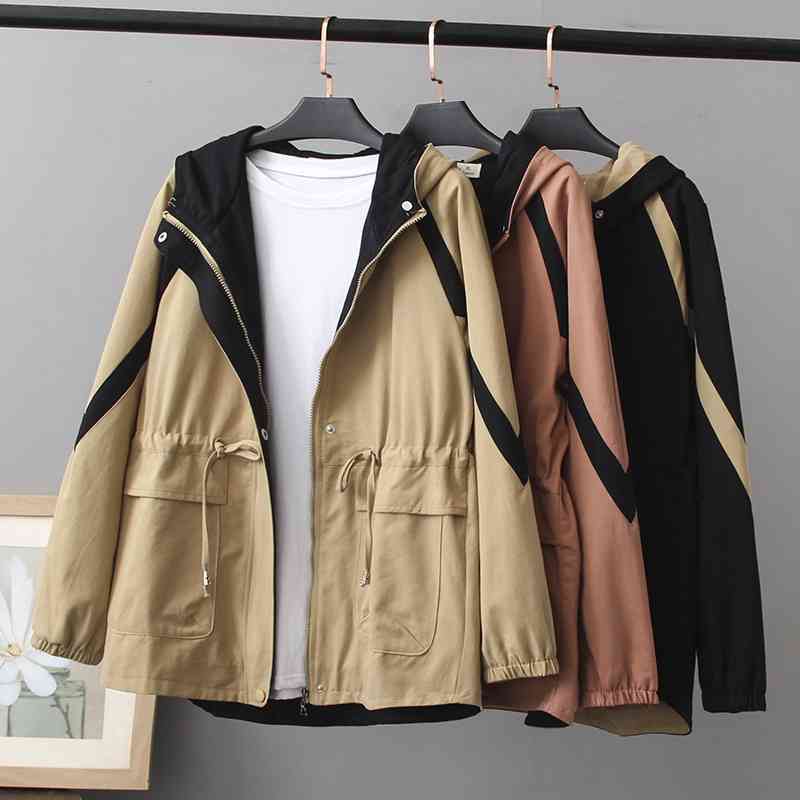 

2020 autumn fat mm contrast windbreaker Korean version loose waist and slim fashion large size women's coat 8061, Black