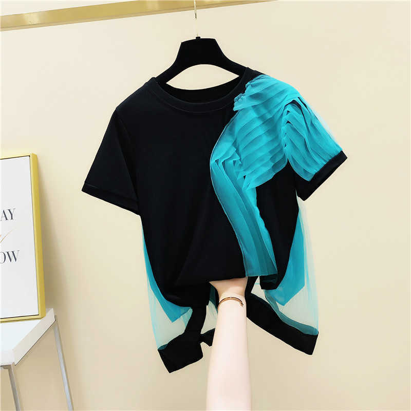 

Summer Korean-Style Slimming Tops Design Panelled Mesh Pleated Patchwork Casual O Neck Short T-Shirt Women 210615, Gray
