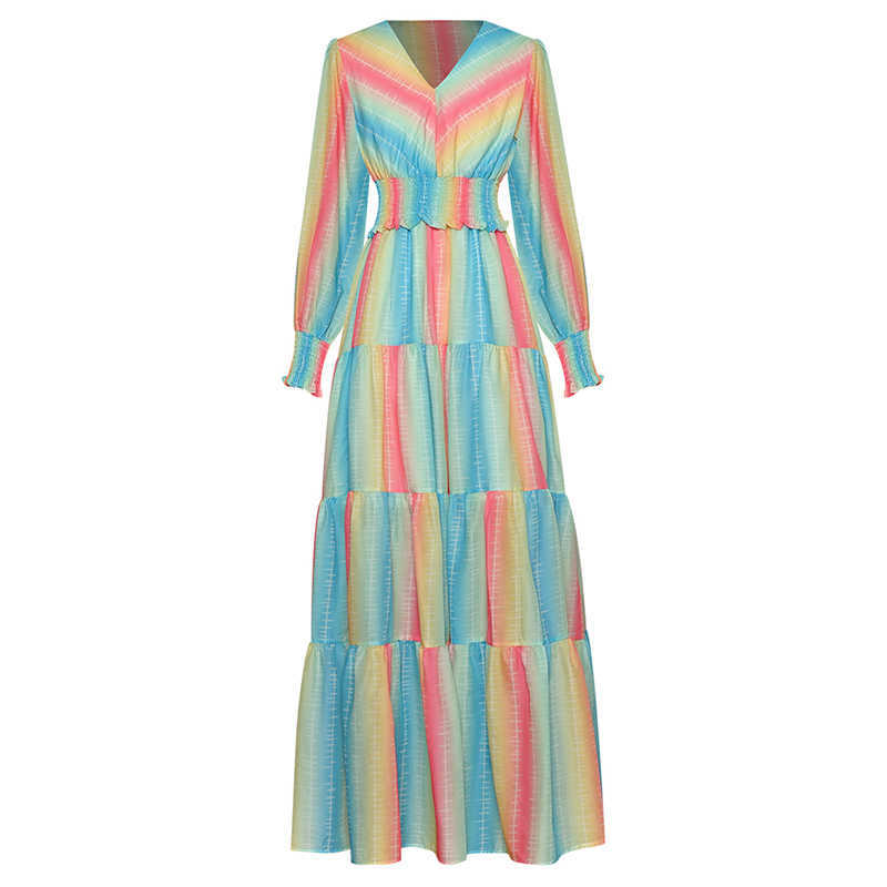 

EXCELLENT QUALITY est Runway Fashion V-Neck Long Sleeve Gradient Color Tops Skirt Set 2pcs set 210526, Blue