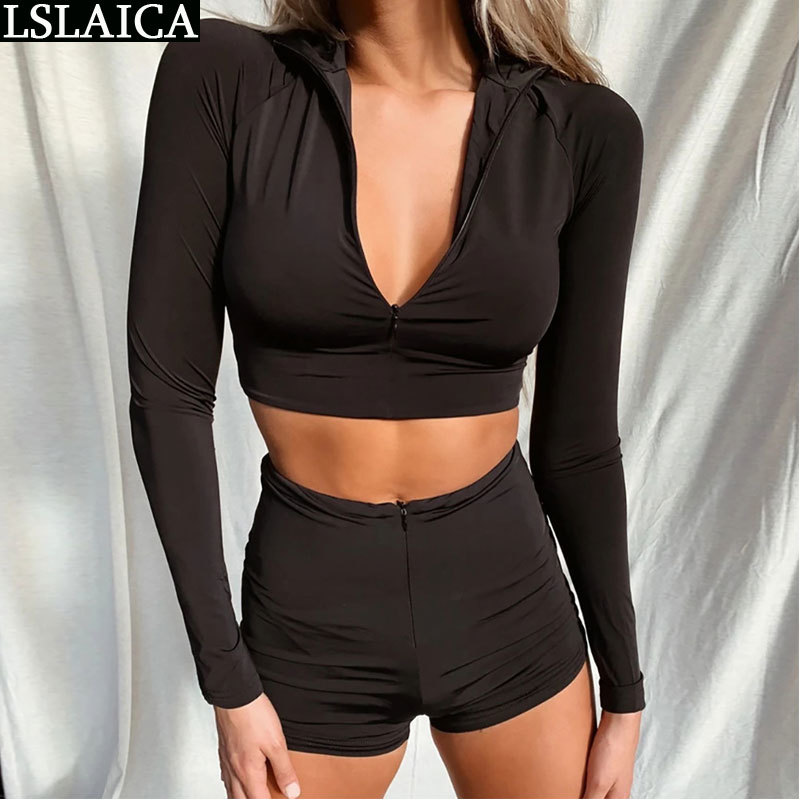 

Fashion women joggers suit sets short tops&short pants black elegant casual 2 piece outfits for zipper sport set 210520