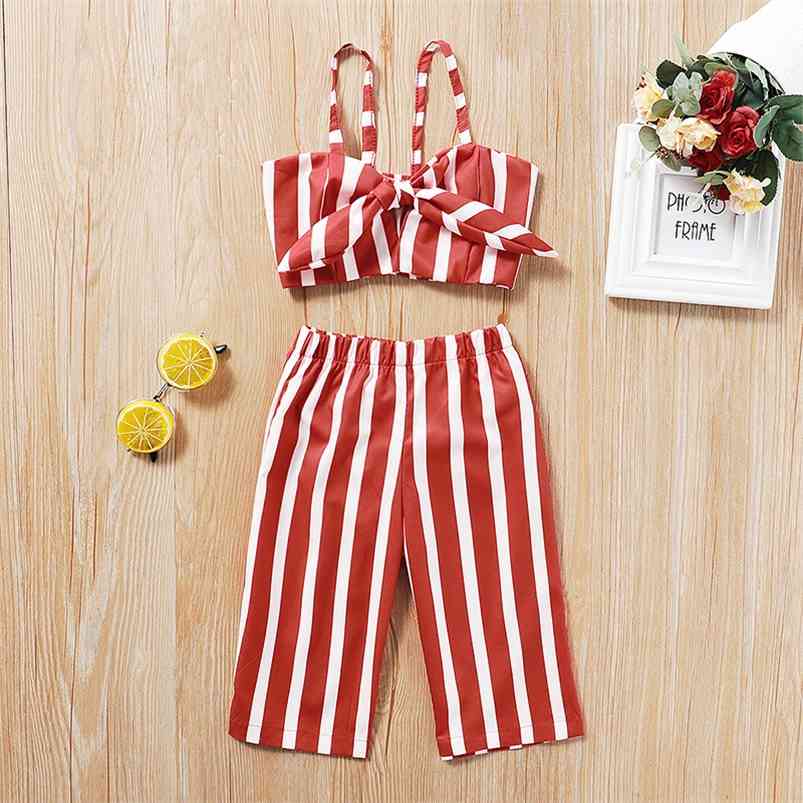 

Summer Baby Infant Rompers Clothes Strap Bow Tops Long Pants striped Girls Costume 12M-5T 210629, Red