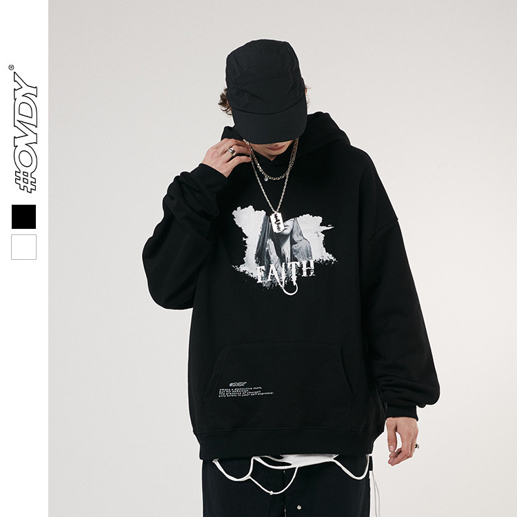 

wxwovdy 2021 autumn winter new sweater simple hip hop fashion brand screen printed plush hooded pullover top, Black