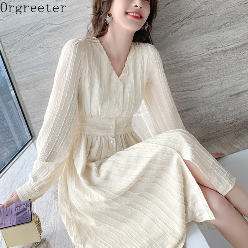 

Spring Sexy V-neck Versatile Long-sleeved Chiffon Dress Women Sweet Tassel Deco Solid Elegant OL Work 210525, Apricot