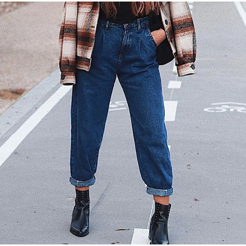 

High Waist Women Harem Jeans Pants Streetwear Ankle-length Loose Pockets Casual Denim Trousers Girls Spring Autumn Bottoms Woman 210518, Dark bule