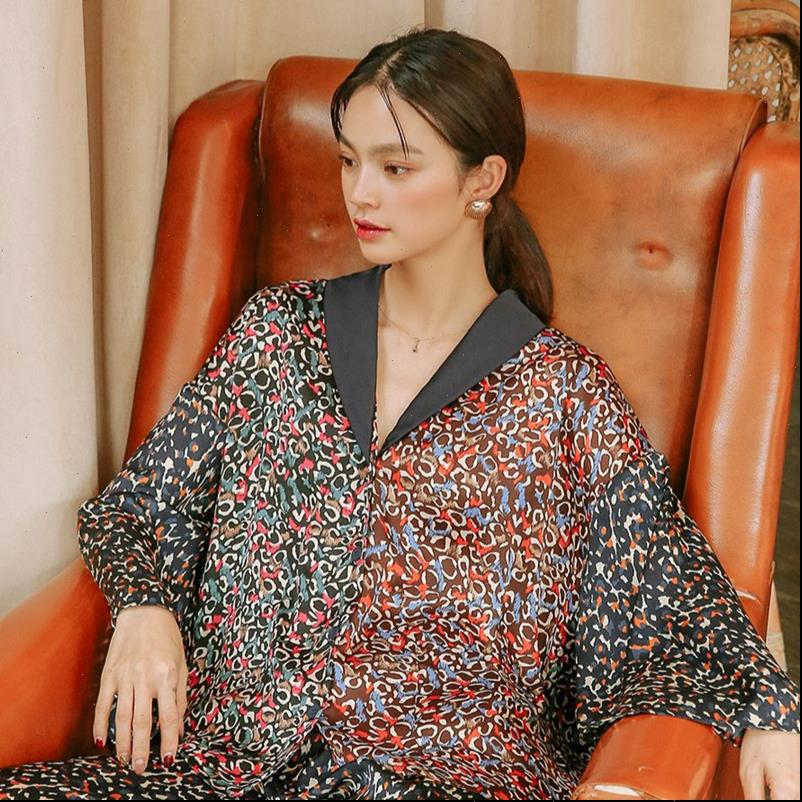

Fashion silk pajamas spring Women Sleepwear and autumn sleeve can be worn outside Canruo star suit home clothes, Black;red