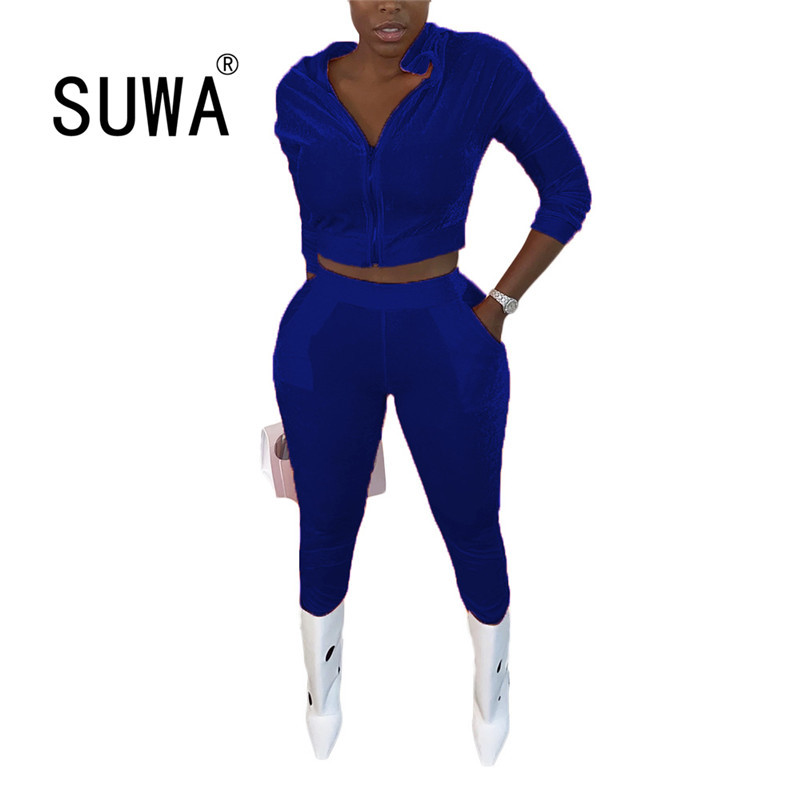 

Women Plus Size Clothing Fall Velvet Two Piece Outfits Solid Color Zipper Long Sleeve Jacket Top + Baggy Pants Sweatpants 210525, Royal blue