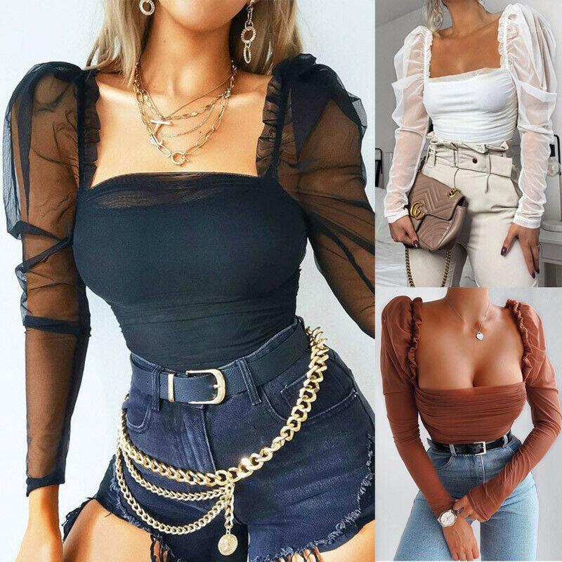 Combinaisons pour femmes Barboteuses Femmes Chemise Sexy Casual Solide Mesh Patchwork Manches Bouffantes Blouse Ruché Tops Bodys En Mousseline De