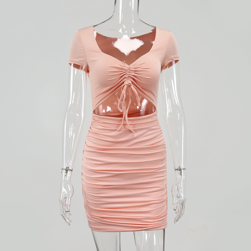 

2021newasia hollow out dress women v-neck dstring pleat summer dresses pink short sleeve bodycon ruched dress black 2021 new, Black;gray