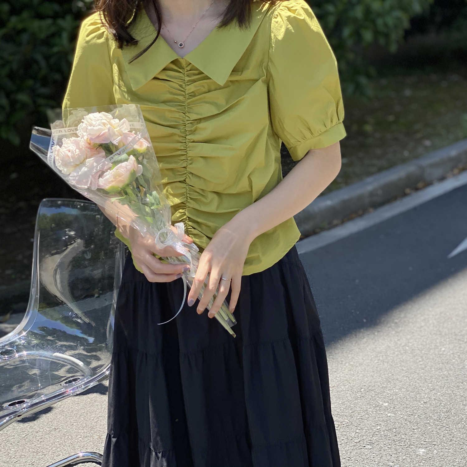 

HXJJP Summer Style Design Feeling Bubble Sleeve Fold Lapel Short Blouse Woman 210607, Yellow