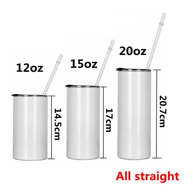 

Sublimation Skinny Tumblers 12/15/20oz blank white straight cup with lid straw Stainless steel vacuum insulated water mug LXL1424-1