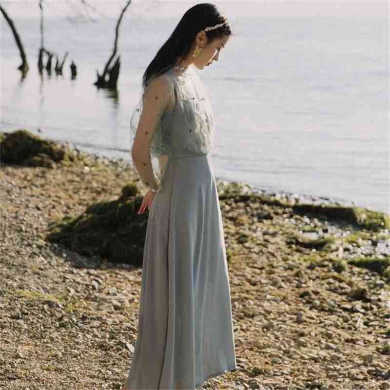 

Summer Dress Vintage Women Chiffon and Mesh Embroidery Half Sleeve V-neck Ankle-Length Fairy Gray Elegant Long 210603, Blue