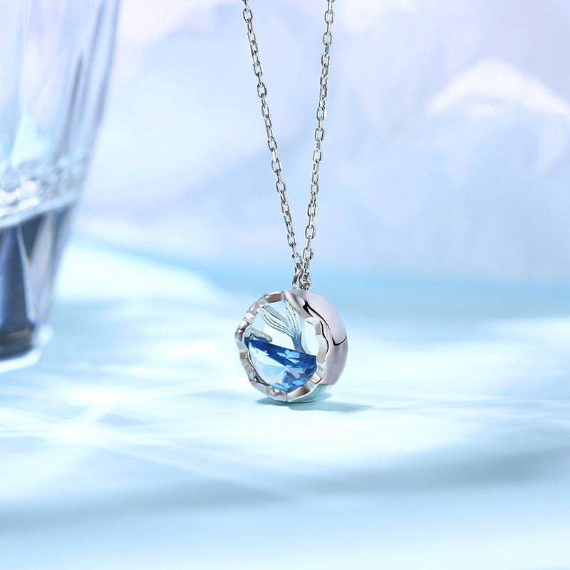 

Pendant Necklaces Luxury Female Light Blue Necklace Charm Silver Color Chain For Women Classic Crystal Mermaid Fishtail