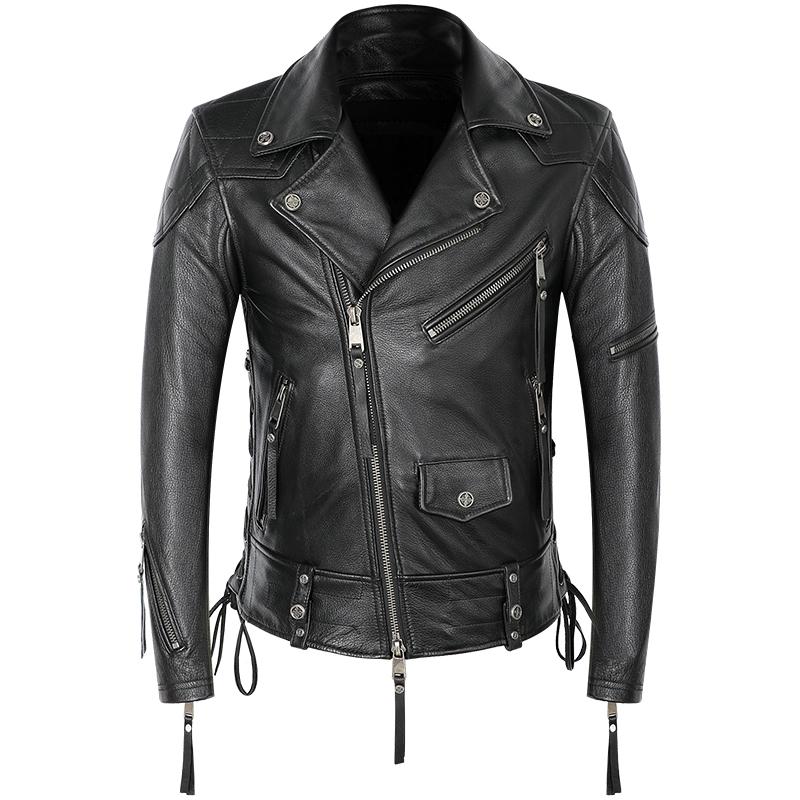 

Men's Jackets BONJEAN Motorcycle Leather Jacket Mens Genuine Cowhide Coat Punk Rock Costume Zippers Lace Up Slim Short, Black;brown
