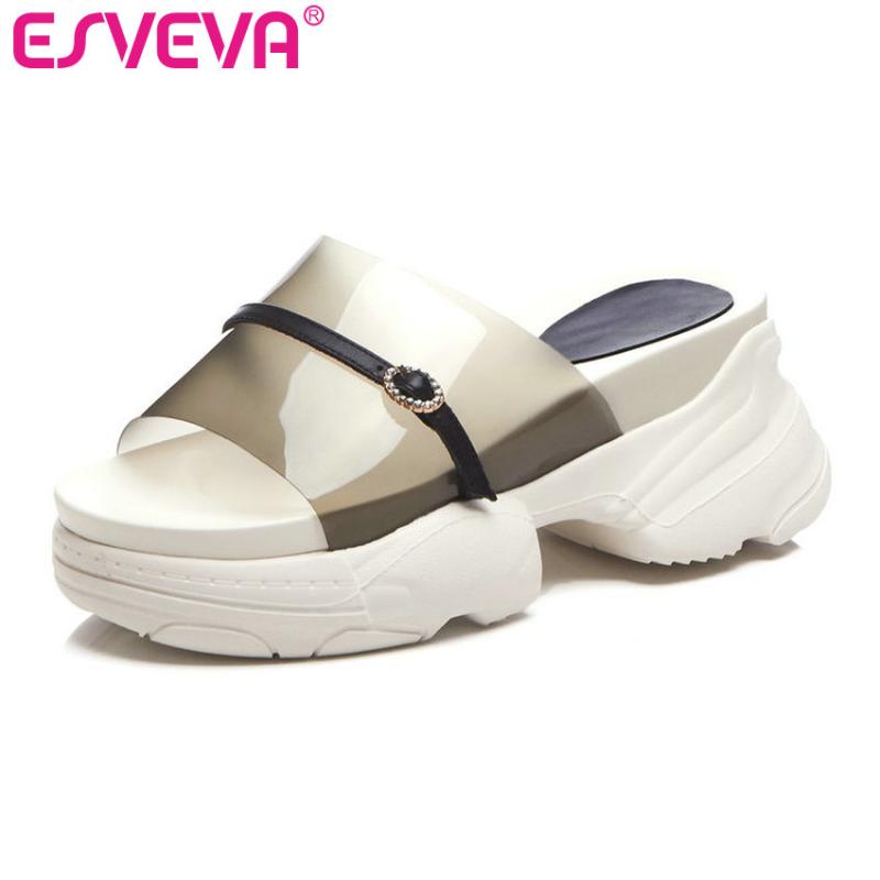 

Women Sandals Cow Leather+PVC Wedge High Heel Transparent Round Toe Summer Slingback Woman Shoes Size 34-39, Black