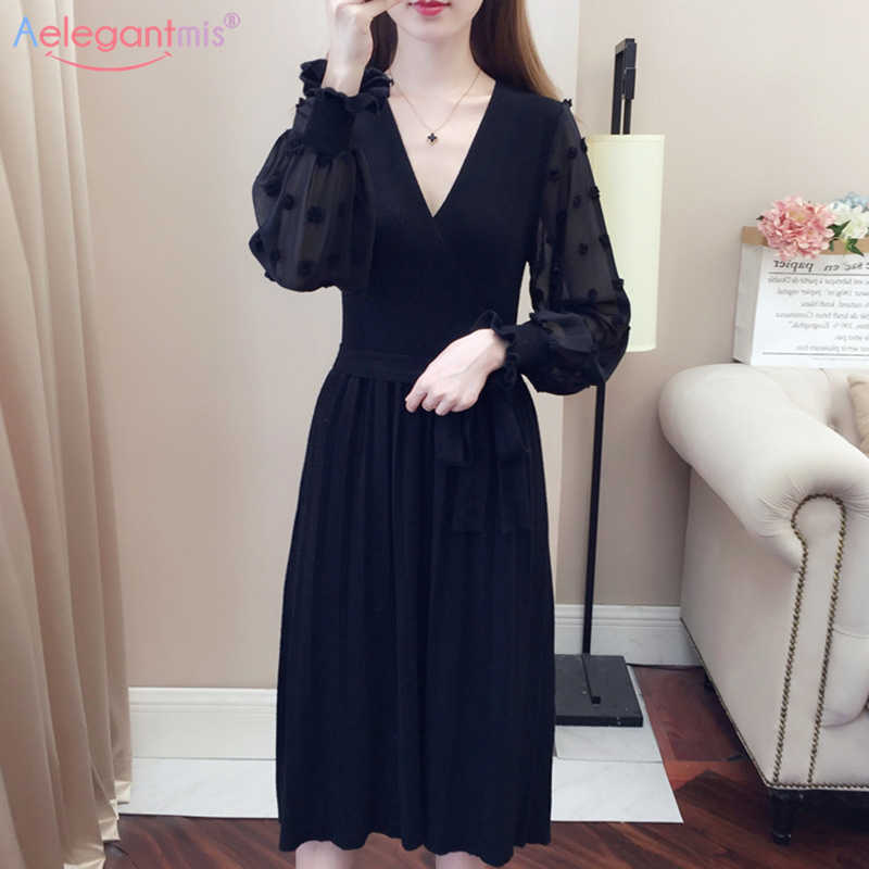 

Aelegantmis High Waist Slim Sexy V Neck Knitted Dresses for Women Chiffon Puff Long Sleeve Woman Dress Autumn Ladies Vestidos 210607, Black