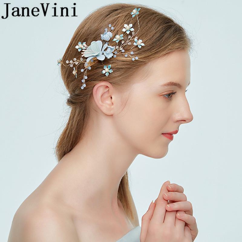 

Hair Clips & Barrettes JaneVini 2021 Pearl Barrettes Blue Flowers Clip Rhinestones Bridal Hairband Handmade Headband For Bride, Golden;silver