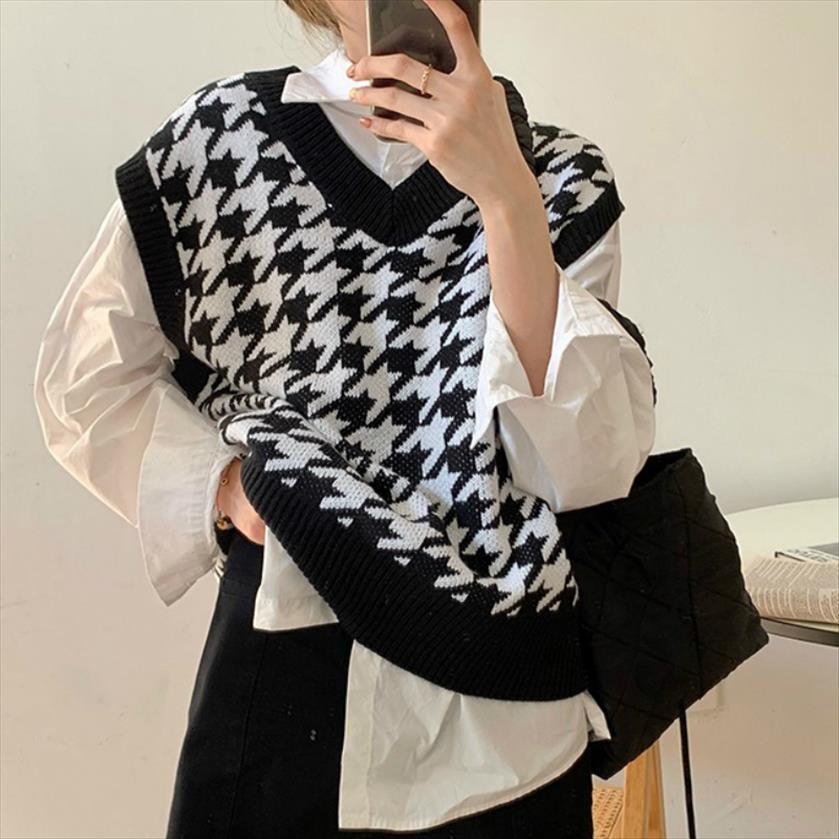 

houndstooth vest womens knitted sweater autumn loose korean outdoor waistcoat, White;black