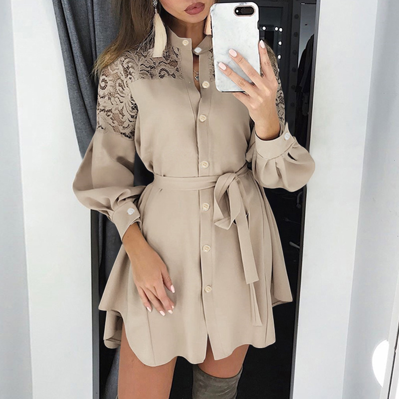 

Plus Size Autumn Shirt Dress Women Solid Stand Neck Lace Patchwork Long Sleeve Belt Mini Dress Ladies Buttons Ruffle Party Dress, Wine red
