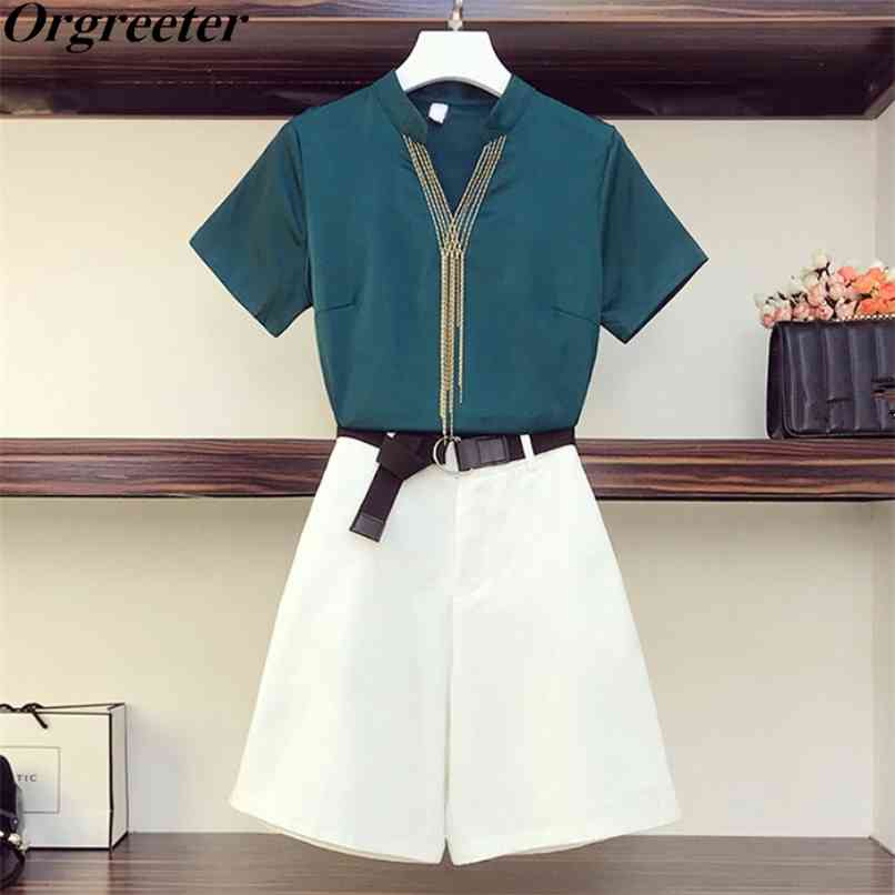 

Elegant Ladies Shirt and Pants Suits Summer V-neck Beaded Tassel Tshirt Wide leg Shorts Tw opiece set With Belt 210602, Green