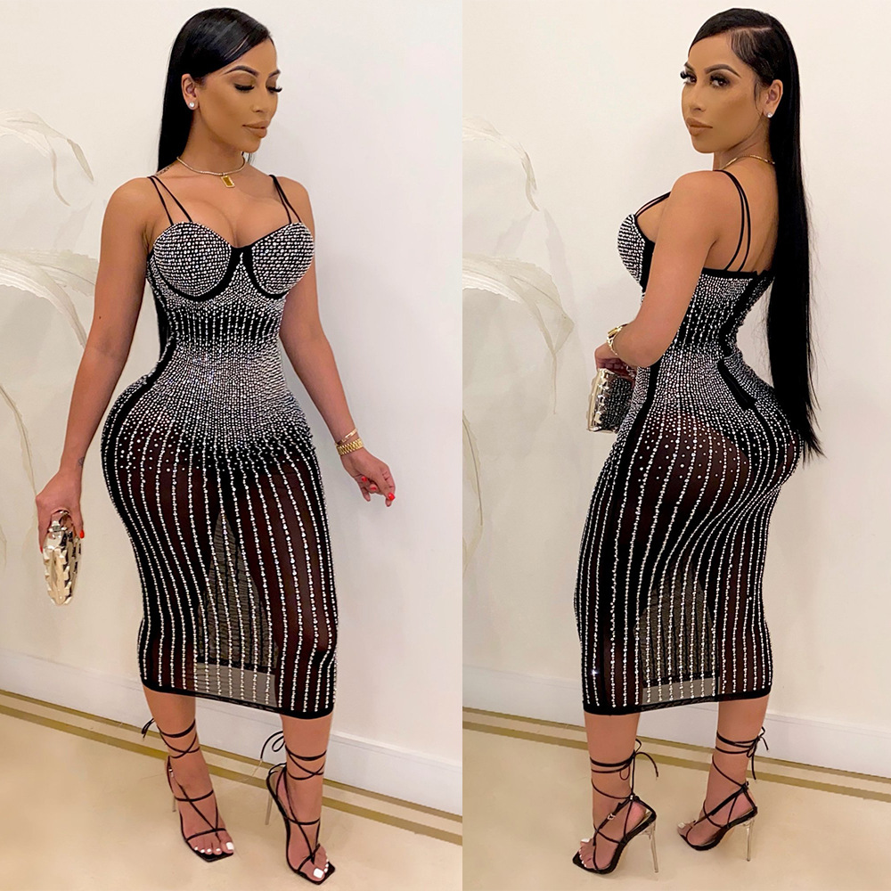 

Women Long Sleeve Dresses Sexy Hot Diamond Process Fashion Spaghetti Strap Dress Birthday Party Club Night Wear, Black