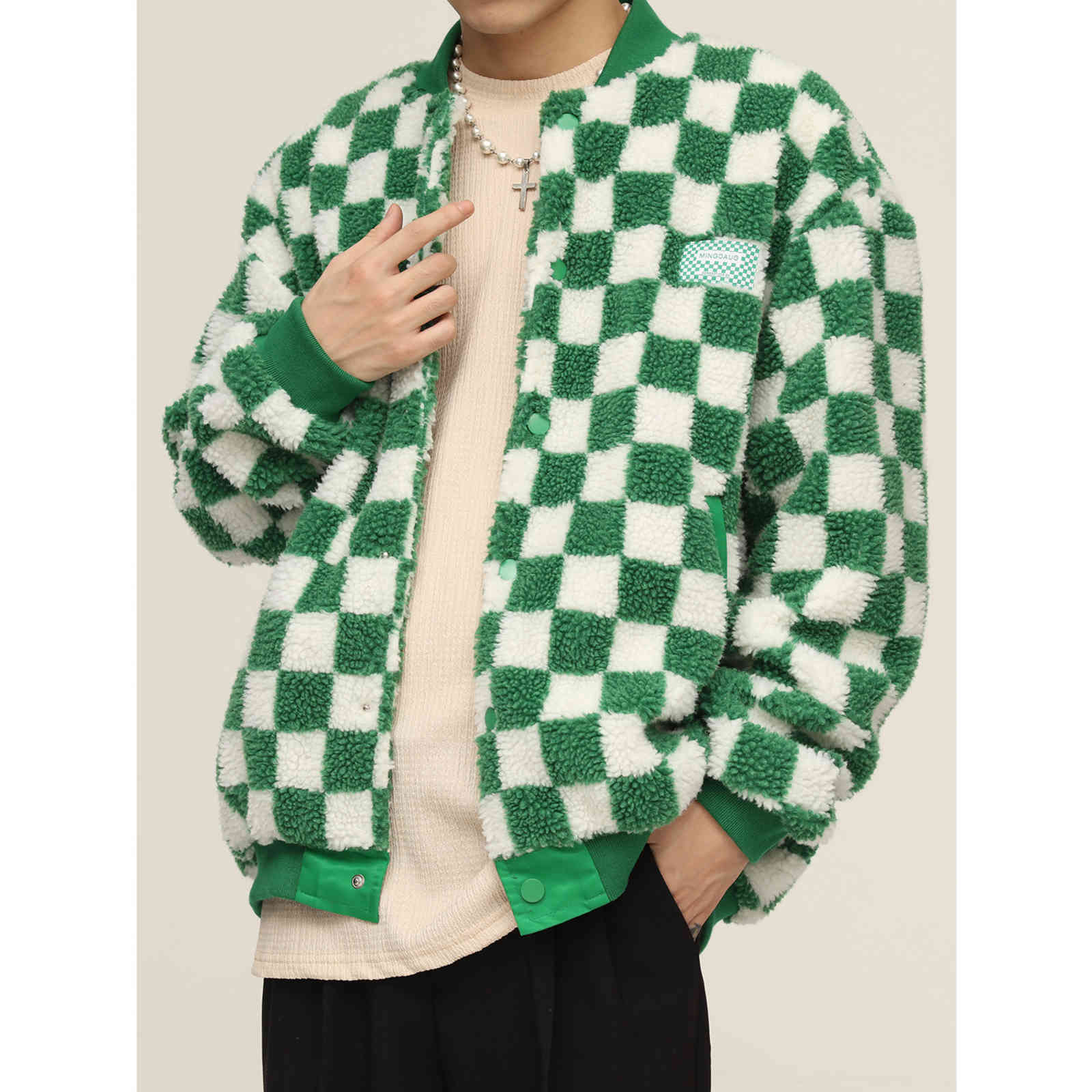 

mtl menswear | autumn and winter new korean chsboard check lamb wool cotton cloth lazy wind letter couple, Black