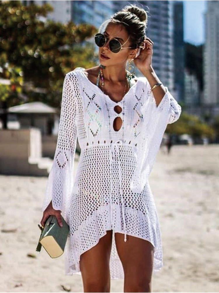 

Women's Swimwear Bohemian Dress Hollow Knitted Flare Sleeve Beach Blouse Vacation Bikini Outer, Bxmy21