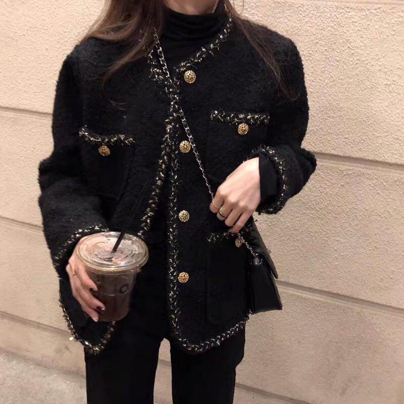 

Korean Female Black Tweed Jacket Coat Women Outerwear Coats Channel Style Suit Cropped Stripeed Kawaii Round Neck Casual Women' Jackets