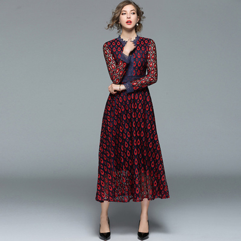 

ZAWFL Spring Solid Floral Lace Long Sleeves Women Party Dress Elegant V-Neck Lady Chic Big Swing Quality Vestidos 210525, Picture color