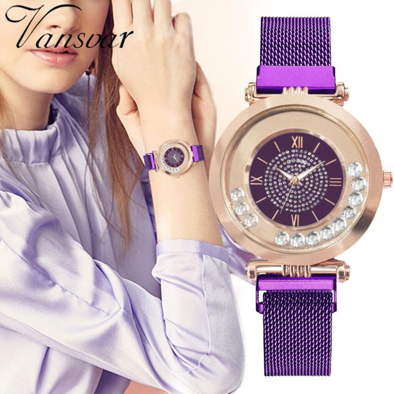 

Wristwatches Vansvar Women Watch Roman Numeral Rhinestone Ladies Quartz Steel Mesh Clock Gift Zegarek Damski 533, Purple