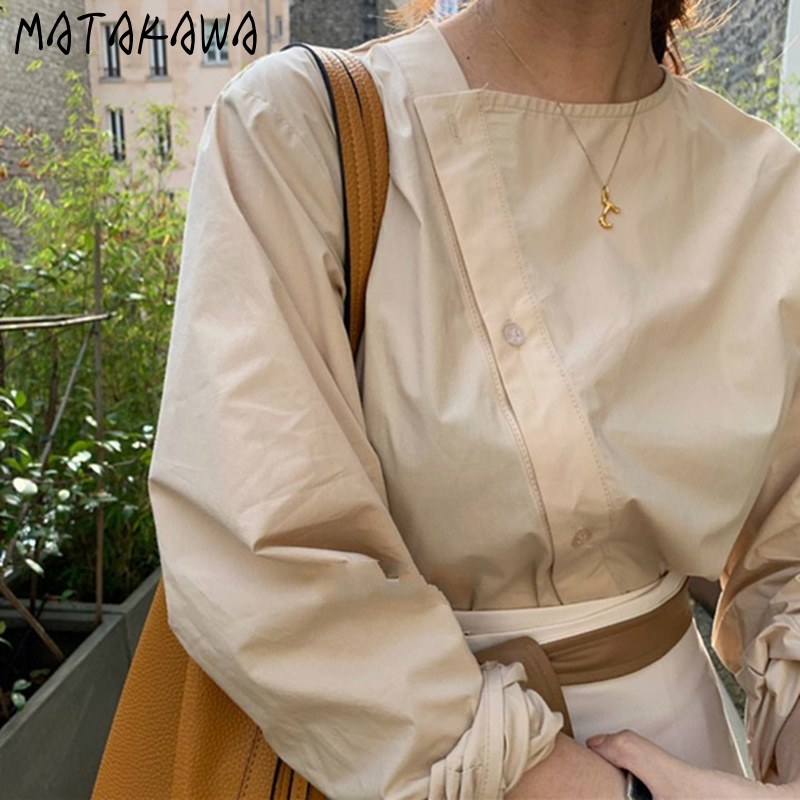 

MATAKAWA Beveled Single-breasted Blusas Mujer De Moda Casual Long-sleeved Women Blouses Korean Fashion Clothing Loose Shirts, Beige
