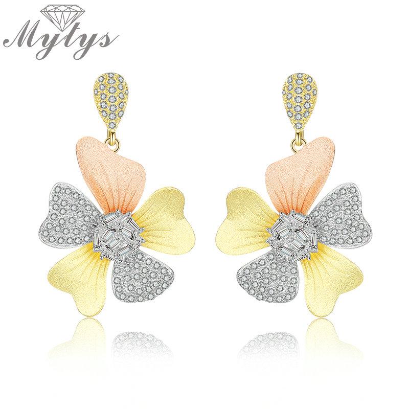 

Dangle & Chandelier Mytys High-end Quality Drop Earrings For Women Cubic Zirconia Sand Blast Three Tone Gold Statement Brincos CE523, Silver