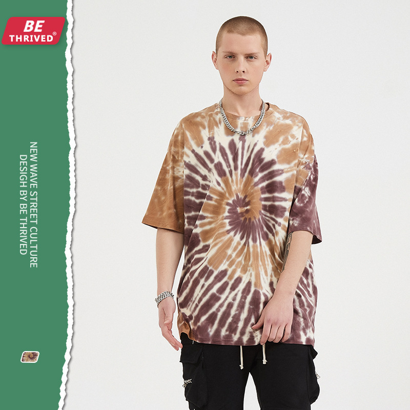 

be men's wear - 2021 summer new radial vortex earth tie dyed short sve high street fashion t-shirt, White;black