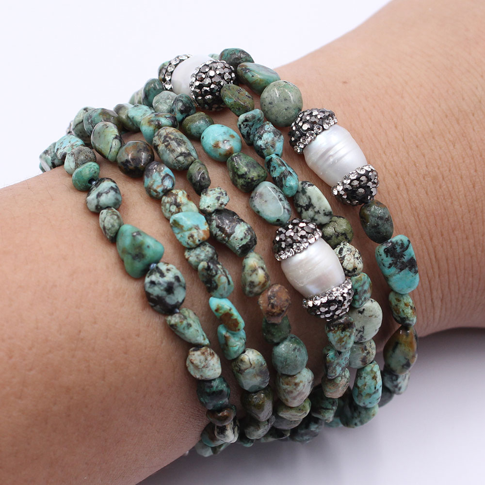 

GuaiGuai Jewelry 6 Strands Natural Freedom Nugget Green Turquoise White Pearl CZ Pave Bracelet Handmade For Women Lady Jewelry