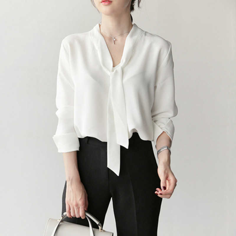 

White Chiffon OL Shirts Spring Autumn Women Long Sleeve V-neck Ribbon Blouse Office Work Ladies Tops Blusas Mujer S441 210608