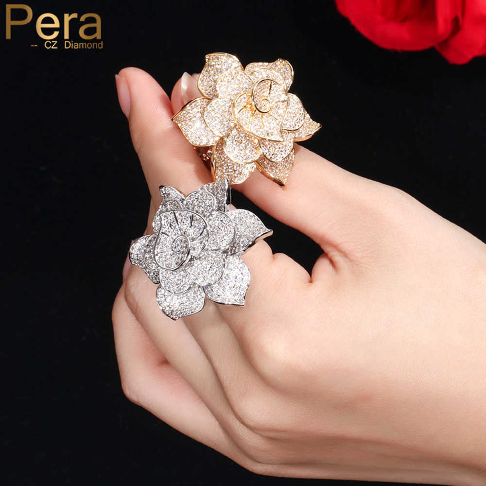 

Pera Luxury Big Statement Leaf Cluster Shape Ring For Women Wedding Cubic Zirconia Dubai Bridal Finger Rings Jewelry Gift R091 Y0611, Golden;silver
