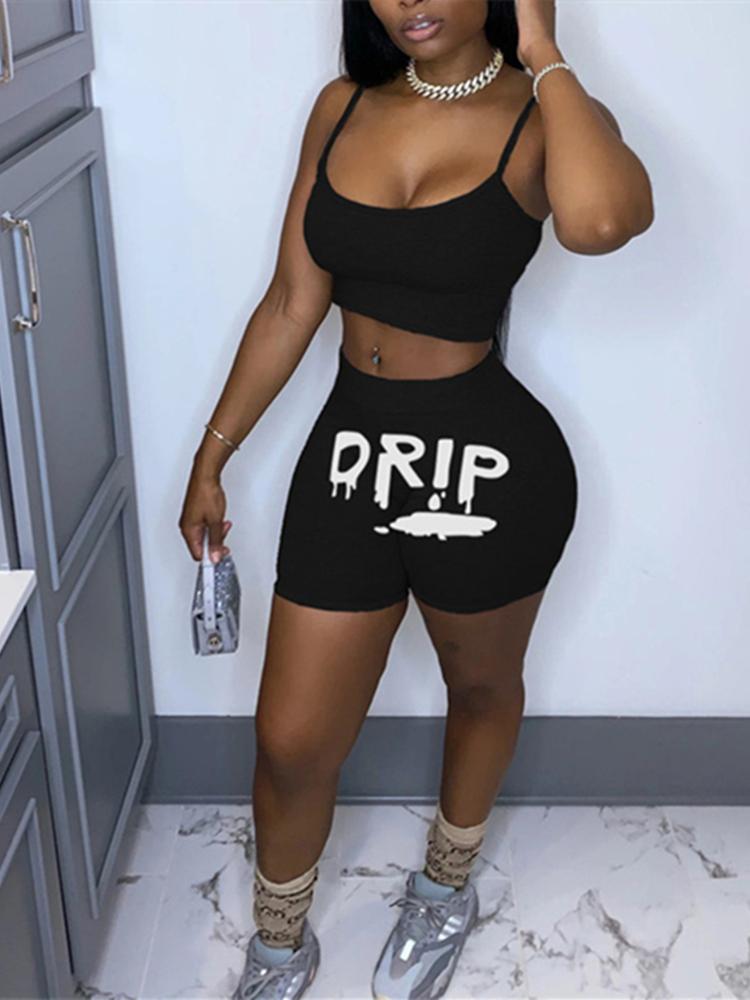 

Summer Black Sexy Vest Printed Shorts Suit Sleeveless Solid Color Temperament Commuter Tight-Fitting Fashion Two-Piece Women's Tracksuits, Gray