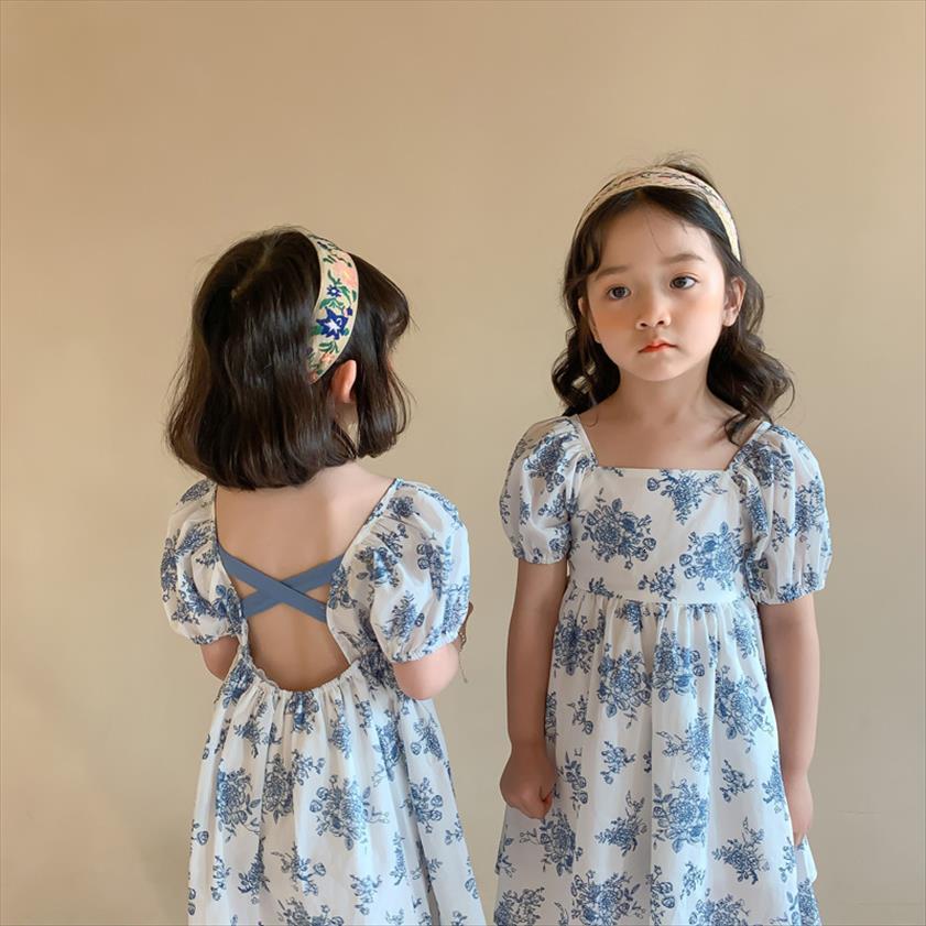 

Summer Floral Printed Baby Girl Dress Girls Backless Chiffon Lantern Sleeve Children Princess Kids Clothes, Red;yellow