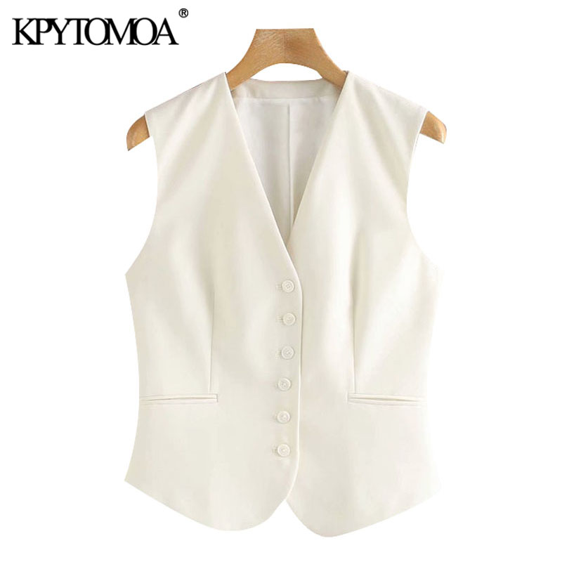 

KPYTOMOA Women 2021 Fashion Office Wear Button-up Fitted Waistcoat Vintage V Neck Sleeveless Female Vest Outerwear Chic Tops, As picture