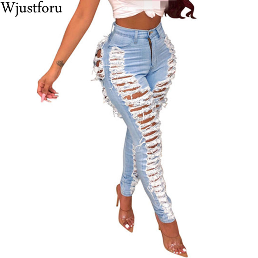 

Wjustforu Sexy Ripped Jeans For Women Fashion Casual Club Hole Denim Pants Femme Bodycon Hollow Out Pencil Long Jeans Vestidos, Blue