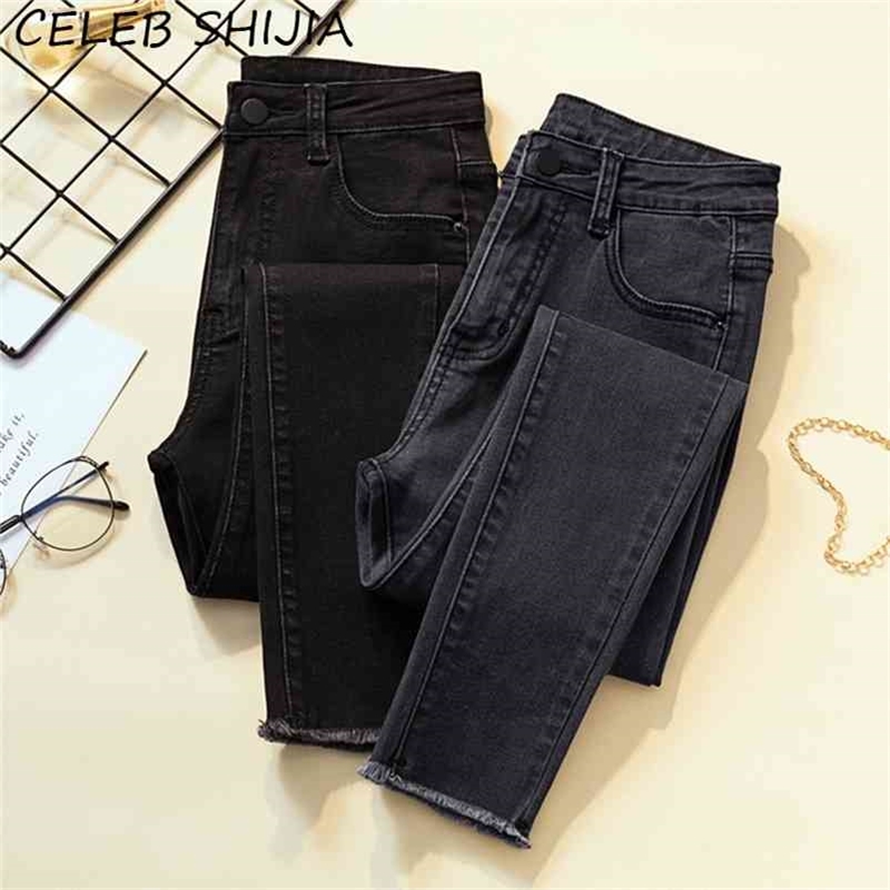 

Arrive Woman Skinny Jeans Black Gray High Waist Elastic Denim Pencil Pants Mon Korean Fashion Solid 210629, Dark grey