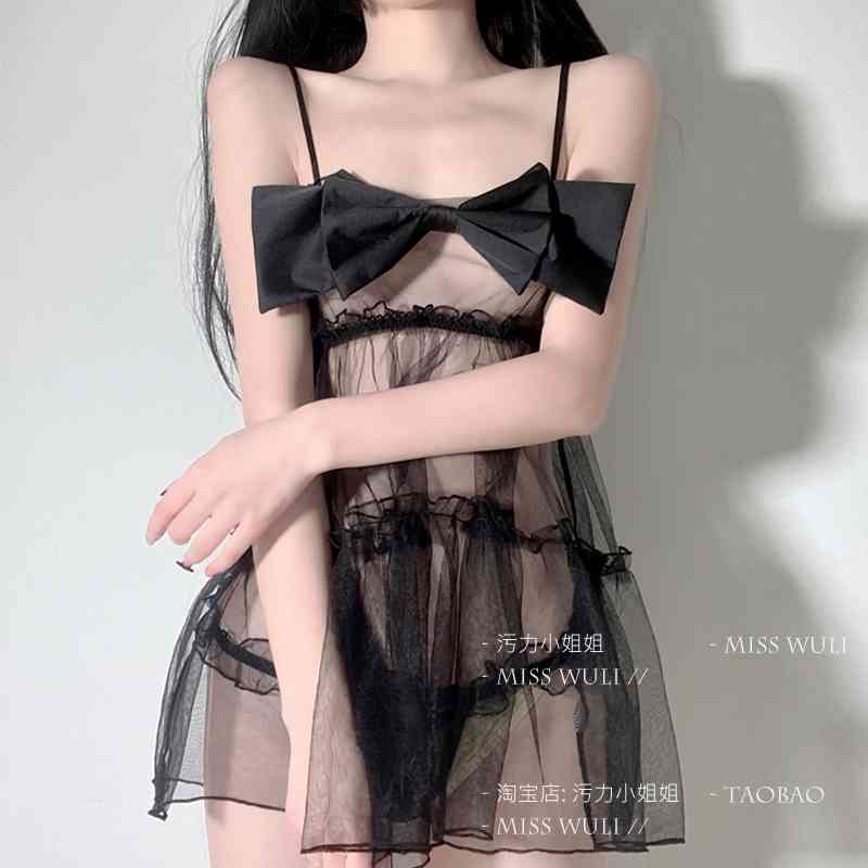

WOMENGAGA Big Bow Japanese Style Black Red Sexy Mesh Lace Transparent Kawaii Lovely Women Mini Tank Dress Dresses G616 210603