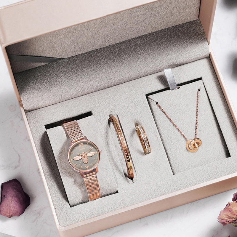 

Gift box set women's little bee watch fashion quartz watch waterproof, All rose green mesh belt
