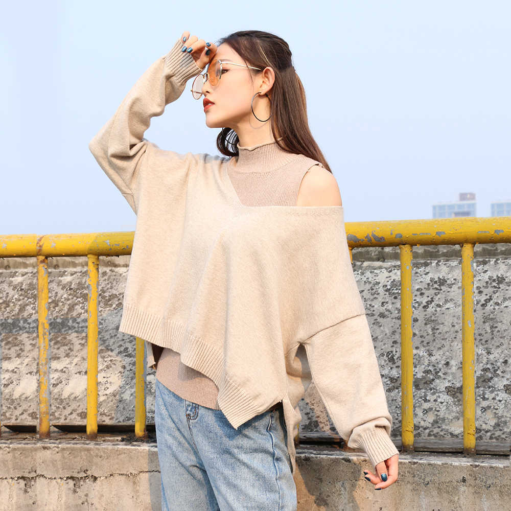 

Women Autumn Winter Sweater 2 Piece Set Sexy Off shoulder Loose Bat Sleeve Knit Pullover + Slim Stand Collar Kintted Tank Top 210608, Apricot