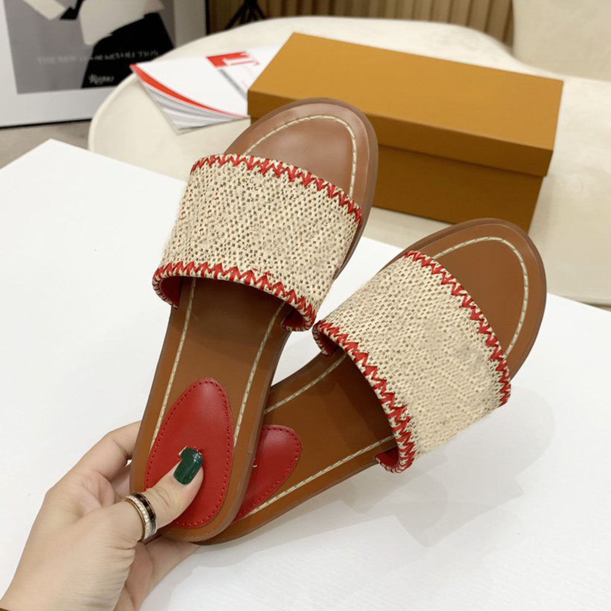 

Paris Scuffs Womens Slippers Summer Sandals Beach Slides Ladies Flip Flops Sexy Embroidered Floral Shoes, Red