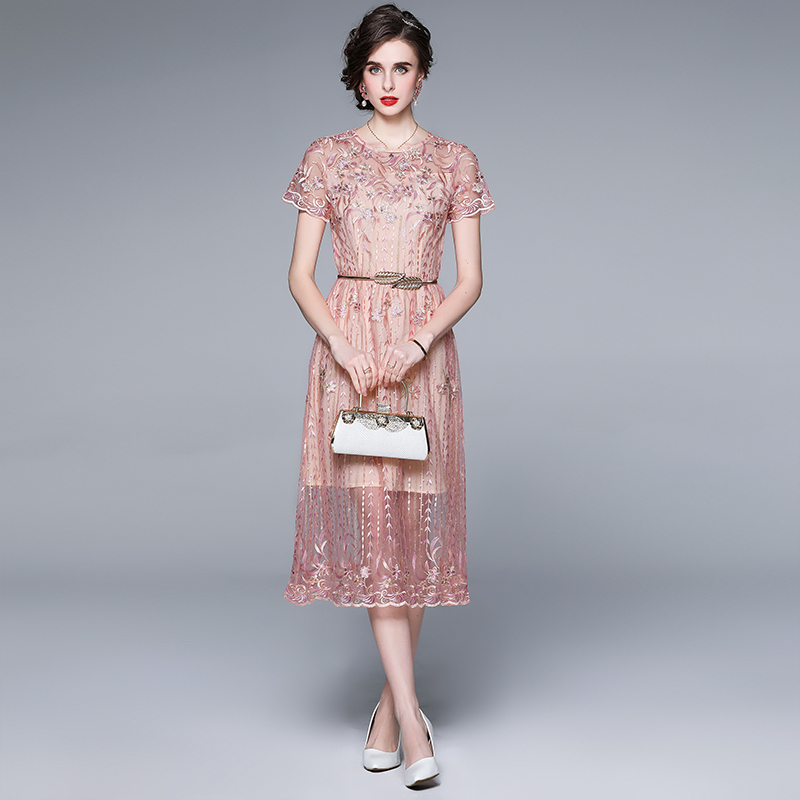 

Women Summer Designer Elegant Embroidery Floral Dress Sexy Wedding Party Robe Ladies Vintage Pink Mesh A-Line Dresses Vestidos 210525