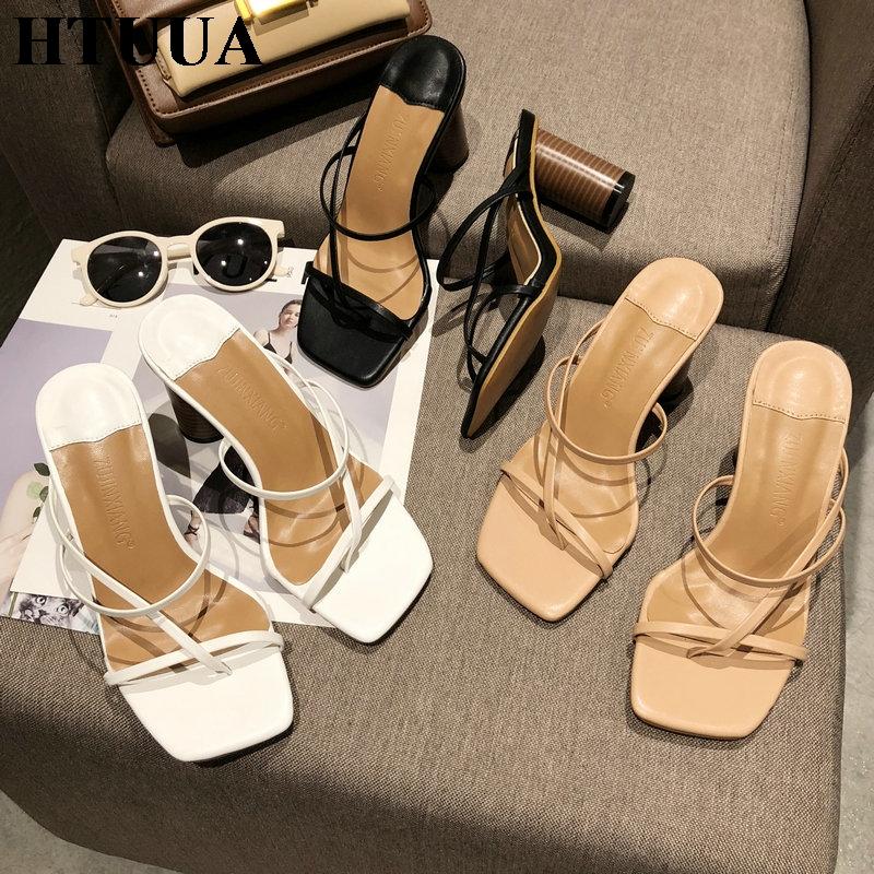 

Slippers HTUUA 2021 Summer Women Round High Heel Fashion Narrow Band Sandals Vacation Beach Flip Flops Slides Ladies Shoes S3821, Black