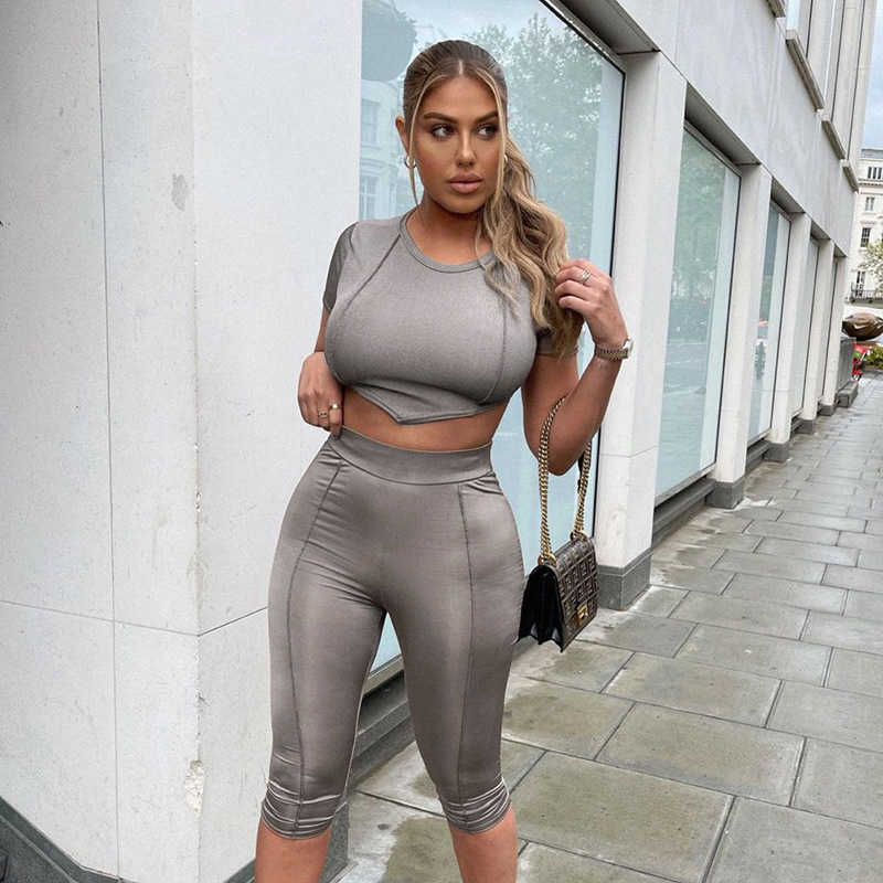 

Fashion Sports Suit T-shirts Crop Top Shorts Outfit Workout Clothes Tracksuit Outfits Solid Color Slim Clothes 210604, Gray